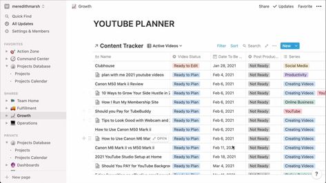 My YouTube content planner inside Notion Youtube Planner Notion Template, Content Notion Template, Youtube Notion Template, Youtube Video Schedule, Notion Youtube Planner, How To Plan Youtube Content, Planning Youtube Content, Social Media Content Planner Notion, Content Planner Notion Template