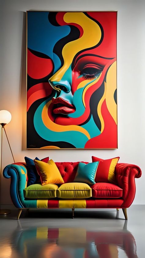 Triadic Color Scheme Art, Triadic Color Scheme Interior, Maximalism Painting, Triadic Color Scheme Art Painting, Maximalist Artwork, Mirror Frame Bathroom, Diy Apartment Decor Ideas, Triadic Color Scheme, Maximalist Painting