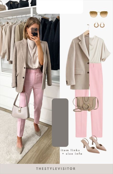 Pink And Beige Outfit, Pink Pants Outfit Work, Trousers Outfit Work, Pink Trousers Outfit, Casual Trench Coat Outfit, Pink Pants Outfit, Pants Outfit Work, Business Lady, Monochromatic Fashion