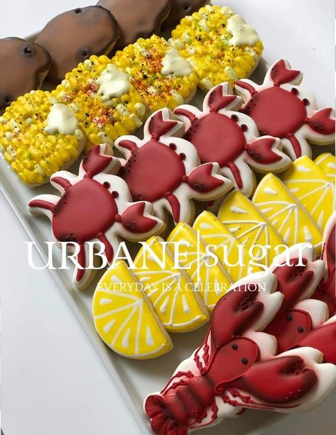 Low Country Boil Cookies, Crab Decorated Cookies, Low Country Boil Dessert Ideas, Crab Boil Birthday Party, Crab Cookies Decorated, Crawfish Boil Cookies, Crawfish Boil Party Ideas, Lobster Boil Party, Maryland Cookies