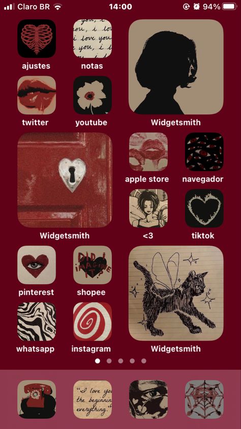 Red Themed Homescreen, Vintage Home Screen Wallpaper, Vintage Iphone Layout, Red Ios 16 Homescreen, Red Home Screen Ideas, Red Ios Wallpaper, Red Homescreen, Kpop Homescreen, Lockscreen Ios