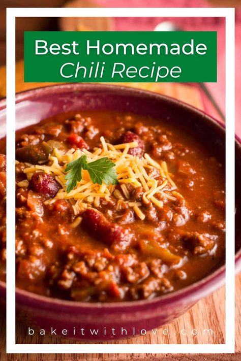 This homemade chili is so incredibly delicious and loaded with flavor that you will want to get rid of every other chili recipe you have! It is packed with beef, beans, vegetables, and a made-from-scratch seasoning blend that makes this dish truly special. Trust me, everyone who tastes this will be begging you for the recipe! BakeItWithLove.com #bakeitwithlove #homemade #chili #recipe Paula Deen Chili Recipe, Best Damn Chili Recipe, Delicious Chili Recipe, Homemade Chili Recipe, Beef Chili Recipe, Best Chili, Bean Chili Recipe, Best Chili Recipe, Chili Recipe Crockpot