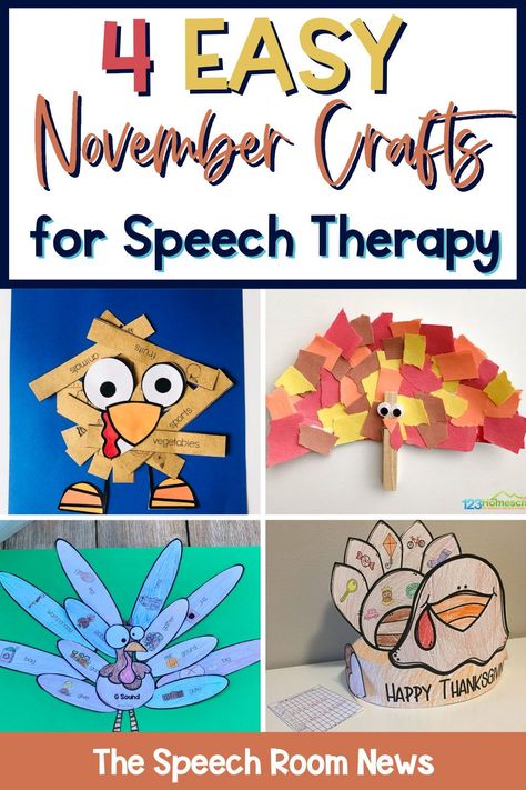 Themed speech therapy can be helpful for both you and the students. Let’s look at 4 EASY November Crafts for speech therapy you can use this month! Turkey Speech Therapy Activities, Fall Speech Therapy Activities Free, Speech Therapy For Toddlers Printables, Fall Speech Therapy Crafts, November Speech Therapy Activities, Thanksgiving Speech Therapy Activities, Easy November Crafts, Thanksgiving Speech Therapy, Speech Therapy Thanksgiving