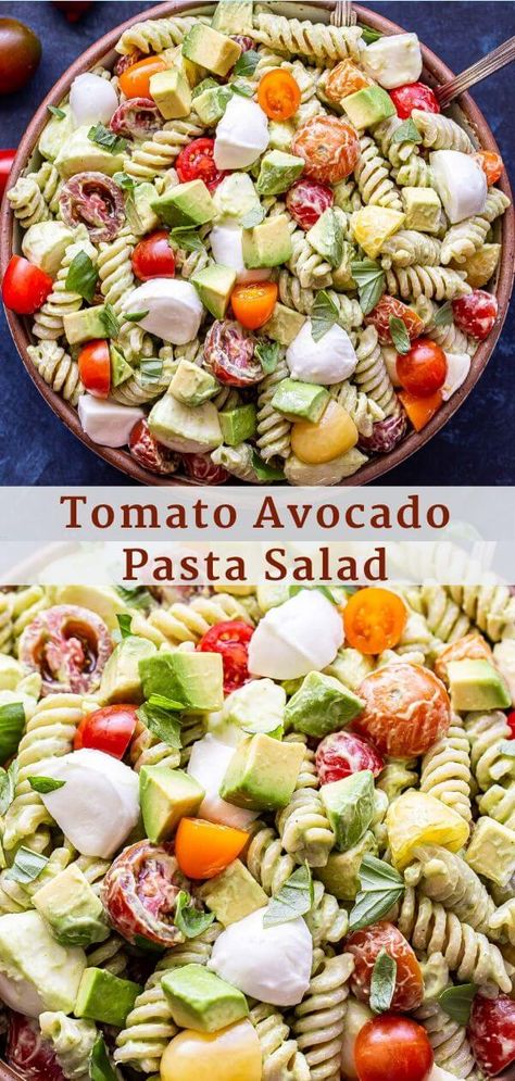 Tomato Avocado Pasta Salad, Avocado Basil Dressing, Avocado Pasta Salad, Mozzarella Balls, Healthy Avocado, Noodle Salad Recipes, Avocado Pasta, Tomato Avocado, Avocado Salat