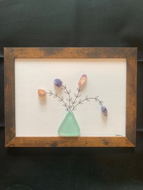 Sea glass and pen flower art. Frame size is 8"x6". Sea glass colors may be different due to each piece is made to order. Seaglass Art Ideas, Sea Glass Art Ideas, Glass Art Diy, Sea Glass Pictures, Seaglass Crafts, Glass Shadow, Glass Shadow Box, Sea Glass Artwork, Sea Glass Decor