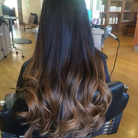 Black To Chocolate Brown Ombre, Ombré Dark Brown Hair, Dark Brown Hair With Ombre Highlights, Highlights On The Ends Of Hair, Ombré Black Hair, Ombre Hair For Black Hair, Highlights For Long Black Hair, Black Hair Ombre Highlights, Sand Hair Color