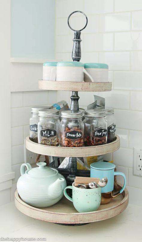 Kitchen Countertop Organization Ideas, Three Tiered Tray, Diy Coffee Station, Kitchen Countertop Organization, Tea Station, Desain Pantry, Home Coffee Stations, Countertop Organization, Coffee Bars In Kitchen