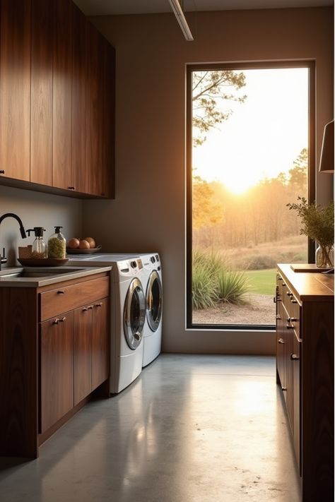 Modern laundry space featuring walnut cabinetry and concrete elements Walnut Laundry Room, Laundry Room Dark, Cabinets Paint Colors, Dark Laundry Room, Dark Laundry, Minimalist Laundry, Laundry Room Colors, Laundry Room Wallpaper, Dark Wood Cabinets