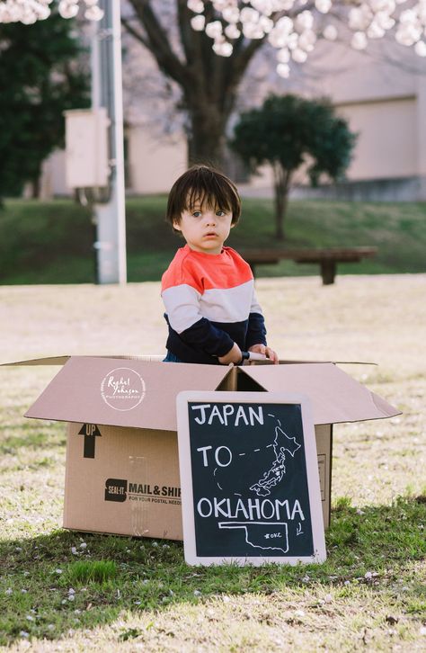 Moving Announcement Photo #moving #PCS #USAirForce #AirForce #Yokota #Japan #Oklahoma #Tinker #Military #MilitaryChild #Family #Photo Pcs Announcement Military, Moving Announcement Photo, Rachel Johnson, Military Move, Va Beach, Moving Announcement, Military Kids, Moving Announcements, Photography Props