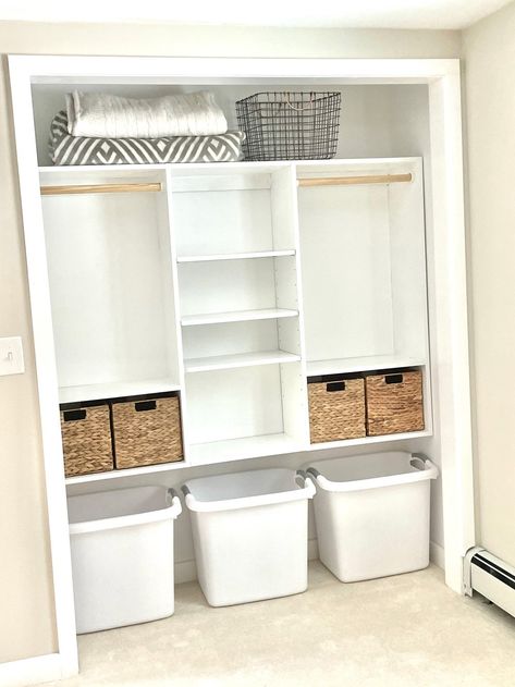 Kids Toy Storage In Closet, Kids Closet Storage Toys, Organized Toy Storage, Closet Shelf Build, Quick Closet Solutions, Efficient Small Closet Layout, Toy Storage Ideas Closet, Closet Storage For Nursery, Closet Organization With Shoe Storage