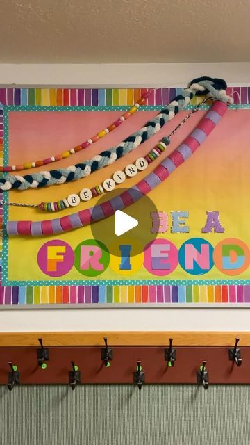 Kimbo- on Instagram: "Bulletin board number 4! Be a friend with giant friendship bracelets! Supplies are from @hobbylobby and details are here: https://www.agirlandagluegun.com/4-fun-bulletin-board-ideas-for-schools/" Instagram Bulletin Board, Friends Bulletin Board, Art Bulletin Boards, New Classroom, Number 4, School Library, Glue Gun, Bulletin Boards, Bulletin Board