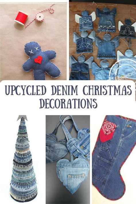 A round up of my favourite 5 upcycled denim Christmas decorations and ornaments. Återvinna Jeans, Denim Christmas, Repurposed Denim, Blue Jeans Crafts, Denim Crafts, Denim Diy, Creation Couture, Upcycled Crafts, Upcycled Denim