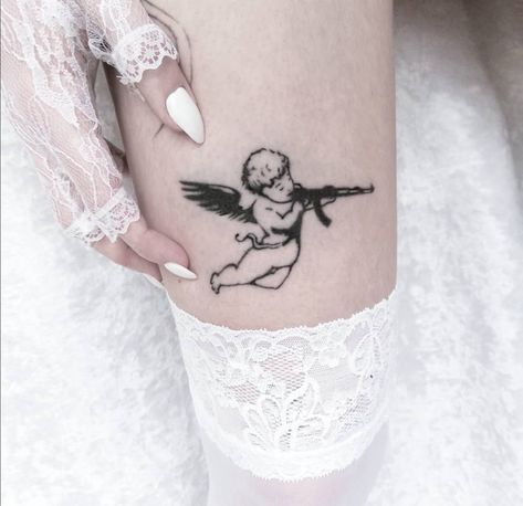 ciana fitzgerald on Instagram: “little guardian angel i did on my leg to protect me from evil. back in berlin end of this week onwards and taking bookings there this month…” Protect Me From Evil, Cupid Tattoo, Russian Tattoo, Watercolor Tattoo Flower, Fairy Tattoo Designs, Music Tattoo Designs, Cat Tattoo Designs, Fairy Tattoo, Music Tattoos