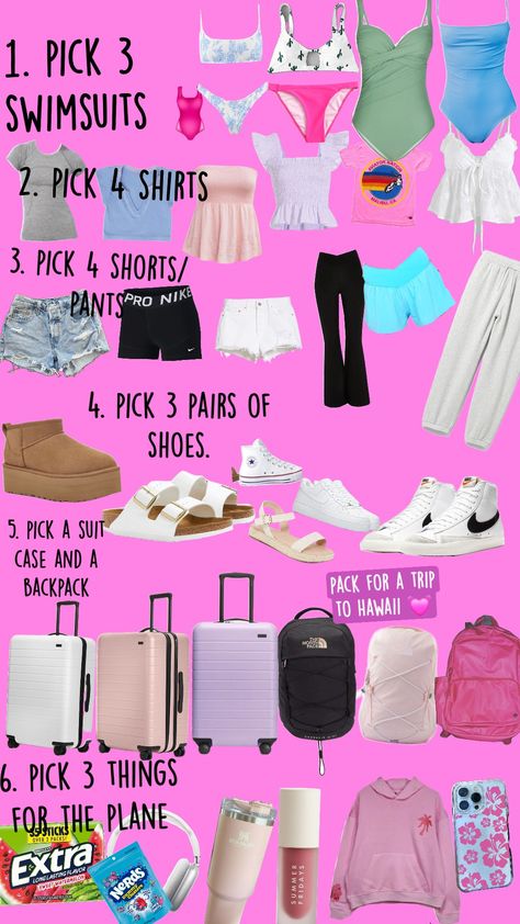 pack for a trip to Hawaii 🩱🌴🥥 #hawaii #packing #plane #trip What To Pack For Hawaii Vacation, What To Pack For Spain, Water Park Outfit, Airport Essentials, Shuffle Ideas, Sydney Trip, Trip Essentials Packing Lists, What To Pack For Vacation, Plane Trip