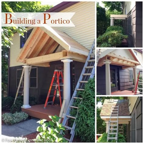 "It’s crazy how a building a portico, a little roof and two new columns can transform the front of a home," says Jessica Bruno of Four Generations, One Roof. She's sharing how she and her family build one on their home and boosted their home's curb appeal. || @4gens1roof Building A Porch, Porch Roof, Front Door Entrance, House With Porch, Exterior Remodel, Front Entrances, Front Porches, Building A Deck, Front Porch Ideas