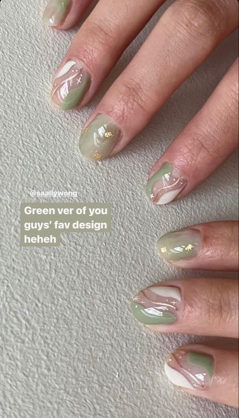 Square Sage Nails, Green Nails Korean Style, Sage Green Nails With Gold Flakes, Nail Art Green Sage, Sage Green And Beige Nails, Nails Sage Green And White, Sage Green And Silver Nails, Nail Art Hijau Sage, Green And Beige Nails