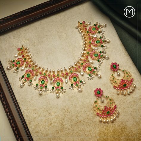 Embellished with precious gemstones in gorgeous colours, this jewellery set is a class apart. Visit a store near you for our Gemstone Jewellery Festival. #GemstoneJewelleryFestival #MalabarGoldAndDiamonds #Precia #UniquelyYou #GemstoneJewellery Malabar Jewellery, Antique Haram, Gold Jewelry Outfits, Gold Necklace Indian, Colour Stone, Bridal Jewelry Collection, Gold Chain With Pendant, Gold Designs, Bridal Gold Jewellery Designs