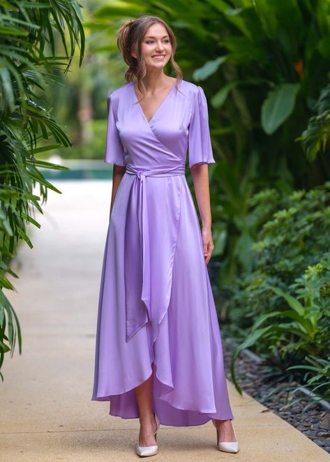 Satin Dress With Sleeves, Lilac Satin Dress, Old Rose Dress, Silk Bridesmaid Dresses, Wrap Dress Bridesmaid, Lavender Bridesmaid Dresses, Long Wrap Dress, Evening Dress Long, Silk Wrap Dresses