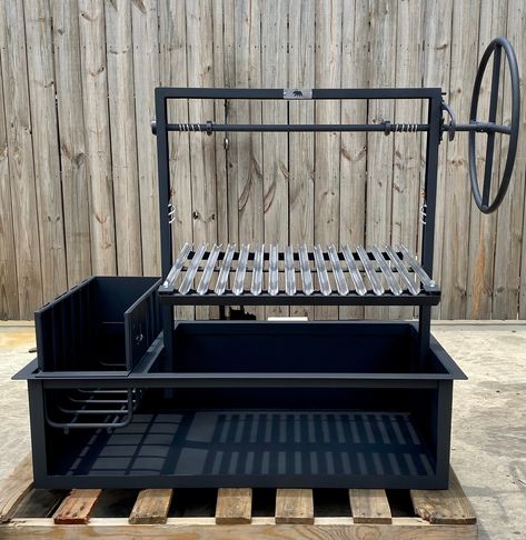 "Argentine BBQ Grills with a Cart and a Side Brasero are available in Black Steel with a stainless grilling surface or as an all Stainless Steel Grill. | Free Shipping* This is an Open Front Grill. For Wood or Charcoal Grilling. *Grilling with an Argentine Grill is a great way to BBQ. An adjustable grill grate allows you to adjust the height of the grill. The slanted V-Grate Grill drains the grease away from the fire. This eliminates the flare-ups that happens with regular grilling. Place your c Argentine Grill, Grill Kit, Campfire Grill, Rotisserie Grill, Wood Charcoal, Easy Grilling, Drip Pan, Built In Bbq, Stainless Steel Grill