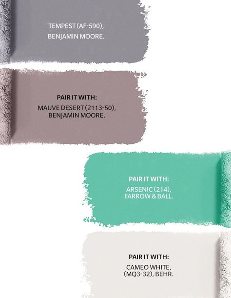 Get the look: Tempest (AF-590), Benjamin Moore. | Pair It With: Mauve Desert (2113-50), Benjamin Moore. | Pair It With: Arsenic (214), Farrow & Ball. | Pair It With: Cameo White (MQ3-32), Behr. Benjamin Moore Tempest, Tempest Benjamin Moore, Farrow Ball Arsenic, Mauve Desert Benjamin Moore, Mauve Paint Colors Benjamin Moore, Benjamin Moore Mauve, Mauve Paint Colors, Coral Door, Benjamin Moore Kitchen