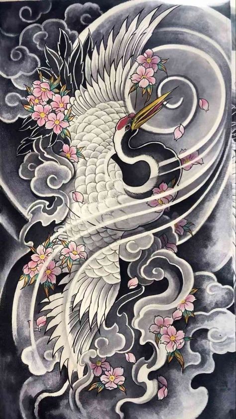 3in X 3in Tattoos, Japanese Crane Tattoo Sleeve, Crane Tattoo Japanese, Japanese Crane Tattoo Design, Crane Tattoo Design, Japanese Crane Tattoo, Traditional Japanese Painting, Tattoo Japanese Style, Crane Tattoo