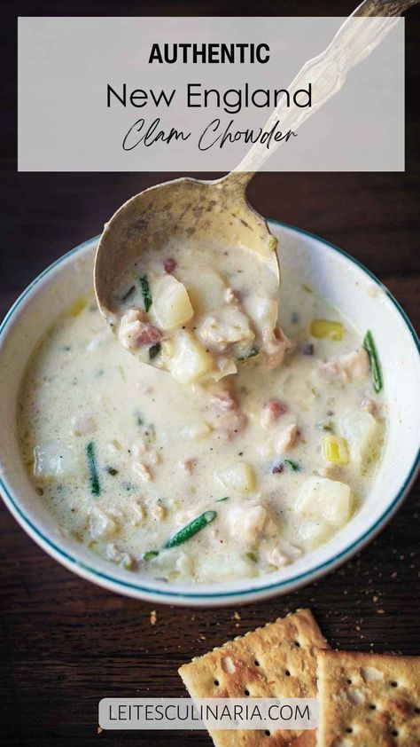 A bowl of New England clam chowder with a spoon scooping some out. Clear Broth Clam Chowder Recipe, Best Clam Chowder Recipe, Homemade Clam Chowder, Clam Chowder Soup, Cream Based Soups, Clam Chowder Recipe, New England Clam Chowder, Chowder Soup, Poblano Peppers