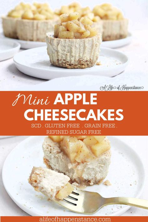 The top photo is a mini apple pie cheesecake on a white plate. The bottom photo has a cheesecake on a plate with a forkful Keto Apple Cheesecake, Almond Flour Crust Cheesecake, Mini Apple Pie Cheesecake, Healthier Cheesecake, Mini Apple Cheesecake, Scd Desserts, Cheesecake Deserts, Apple Cheesecake Recipes, Healthy Cheesecake Recipes