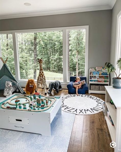 Playroom With Big Windows, Playroom With Windows, Large Multipurpose Room, Floor Plan With Playroom, Family Room Ideas Kid Friendly, Den Playroom Combo, Playroom Family Room Combo, Sunroom Playroom Ideas, Living Room Playroom Combo