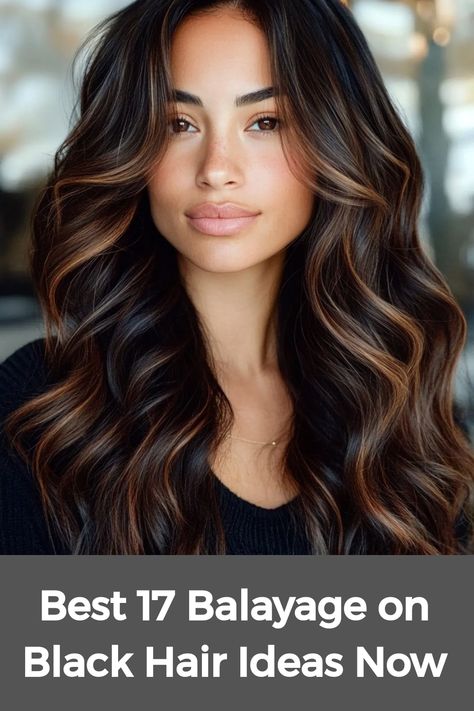 Black hair with balayage is a striking way to highlight natural beauty, ideal for short straight hair or curly textures. This hand-painted technique creates depth and dimension, giving a soft sun-kissed appearance. Caramel balayage brings warmth to sleek, short styles, while red balayage adds a bold touch. Curly hair benefits greatly, as the highlights bring out each curl, creating a lively and textured look that enhances the natural movement of the hair. Deep Balayage Hair, Caramel Balayage For Black Hair, Black Natural Hair With Highlights, Balayage Hair Medium Length Dark Roots, Latin Hair Color Ideas, Dark Brown Hair With Contrast, Black Hair With Mahogany Highlights, Hazelnut Balayage On Black Hair, Winter Highlights For Dark Hair