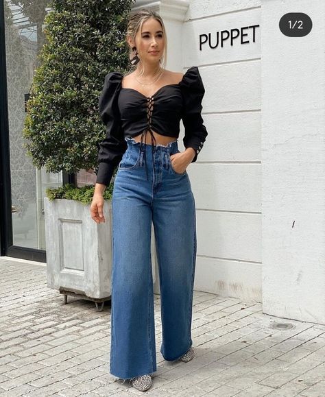 Wide Leg Jeans Outfit Night Out, Legs Outfit, Outfits Con Jeans, Outing Outfit, Ladies Blouse Designs, Causual Outfits, Pantalon Large, Looks Chic, Curvy Fashion