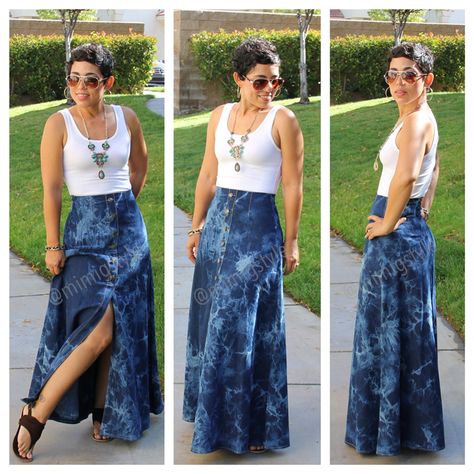 Casual Monday: gorgeous skirt that is the way to do floor length denim skirts! Diy Tie Dye, Diy Maxi Skirt, Mimi G, Skirt Diy, Tie Dye Maxi Skirt, Diy Tie, High Waisted Maxi Skirt, Tie Dye Maxi Dresses, Tie Dye Maxi