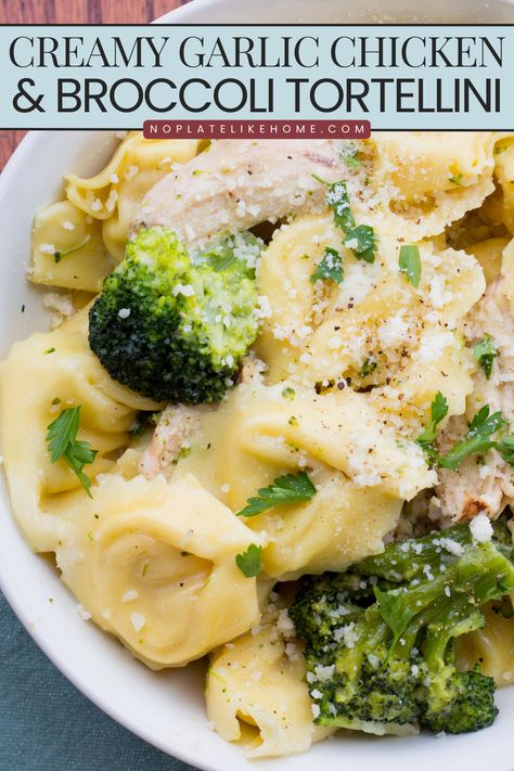 Creamy Garlic Chicken and Broccoli Tortellini is an easy comfort food, pasta weeknight dinner that’s a delicious, hearty, meal-in-one. It’s ready in just 20 minutes! Garlic Chicken And Broccoli, Broccoli Tortellini, Chicken Broccoli Pasta Recipes, Garlic Tortellini, Chicken Broccoli Pasta, Pesto Tortellini, Tortellini Bake, Broccoli Bake, Chicken Tortellini