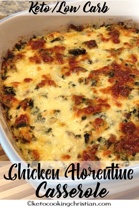 Chicken Florentine Casserole - Keto and Low Carb Shredded chicken, mushrooms and spinach are baked in an Alfredo type sauce and topped with gooey mozzarella cheese. Familar ingredients and so easy to make! #ketorecipes #keto #lowcarb #ketodiet #ketogenicdiet #lowcarbdiet #ketogenic #lowcarbhighfat #lowcarbrecipes #lchf #glutenfree #ketoweightloss #ketocookingchristian Keto Chicken Florentine Casserole, Low Carb Shredded Chicken, Chicken Spinach Mushroom Low Carb Dish, Chicken Spinach And Mushroom Low Carb Oven Dish, Chicken Spinach Mushroom Casserole, Chicken Mushrooms And Spinach, Keto Chicken Florentine, Chicken Florentine Casserole, Casserole Keto