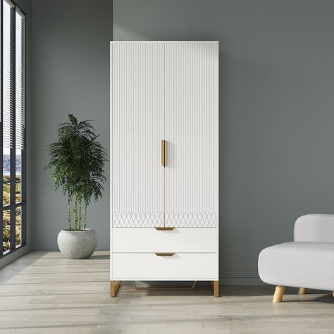 Bring this Aro Wardrobe home to light up your clothes storage space in a bedroom, no matter how much clothing collection you have or how much space you possess. This premium yet lasting quality piece will make a statement in any home area. Features with a gold pull and white appearance, which look classic and elegant in your living room or bedroom It lends a modern feel to any area and also adds a touch of lifestyle for modern life. The clothes rail helps to keep your coats or dresses away from Tall Wardrobe, Clothing Armoire, Bedroom Wardrobe Ideas, White Armoire, Storage Solutions Bedroom, Luxe Bedroom, Bedroom Cupboard Designs, Bedroom Wardrobe, Chaise Design