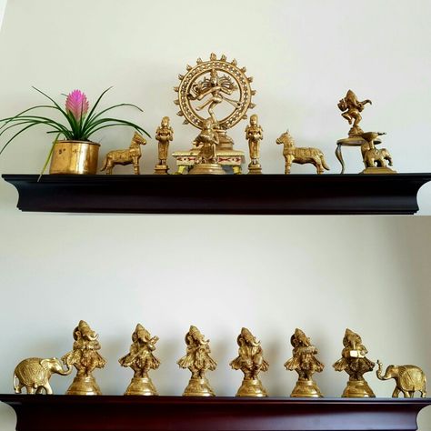 Floating Shelves ... #antiques #brasshandicrafts #brasslove #brassartifacts #myhomemyhappiness Floating Shelves Pooja Room, Floating Shelves Mandir, Mandir Designs, Brass Diyas, Shelves Above Toilet, Lavender Paint, Shelves Over Toilet, Brass Decoration, Bathroom Shelves Over Toilet