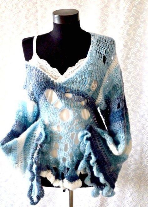 Siren Crochet Top, Mermaid Inspired Crochet, Blue Crotchet Ideas, Winter Mermaid Outfit, Ocean Grunge Aesthetic Outfits, Ocean Inspired Crochet, Jellyfish Sweater, Crochet Jumper Outfit, Blue Themed Outfits