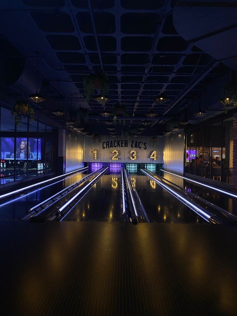 Bowling Area Design, Bowling Ally Aesthetic, Betting Aesthetic, Modern Bowling Alley, Bowling Alley Aesthetic, Bowling Alley Design, Bowling Room, Indoor Bowling Alley, Minecraft Cyberpunk