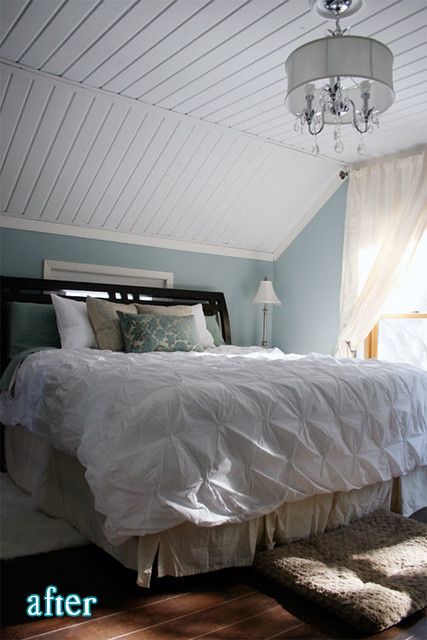 Bedroom Beadboard, Bedroom Ideas Slanted Ceiling, Bedroom With Slanted Ceiling, White Painted Wood Floors, Attic Ceiling, Bedroom Attic Ideas, Sloped Ceiling Bedroom, Attic Bed, Light Wood Bed