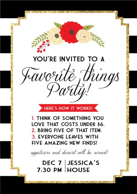 favorite things party Favorite Things Party, Christmas Party Themes, You're Invited, 12 December, Christmas Party Games, Work Party, Wrapping Ideas, Christmas Games, Christmas Activities