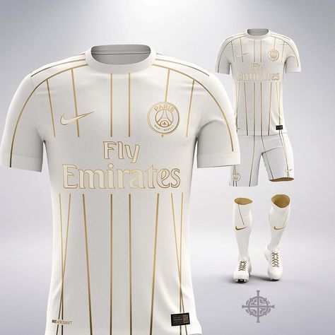 What if... Nike did a white and gold away kit for PSG? Is this an early look at Nike's next PSG away kit? Soccer Uniforms Design, Soccer Shirts Designs, Gold Football, Football Shirt Designs, Gold Nike, Sport Shirt Design, Jerseys Football, Design Jersey, Sports Jersey Design