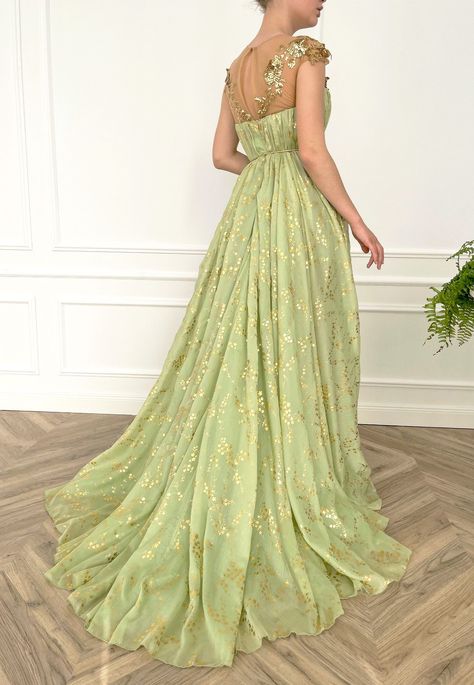 Evermore Fashion Teuta Matoshi Dresses, Prom Ballgown, Summer Vine, Evermore Fashion, Gold Beaded Dress, Golden Belt, Teuta Matoshi, Light Green Dress, Fairytale Gown