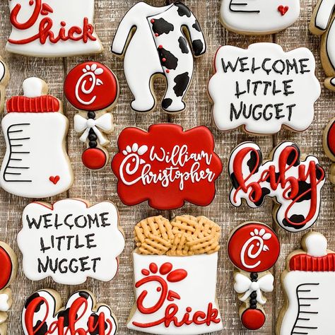 MS Cookie Co. on Instagram: “I can’t even with these cookies! Maybe my favorite baby shower cookies. Ever. 😍🍼🐔 . . . . #mscookieco #babyshowercookies…” Cow Cookies, Sugar Cookie Designs, Baby Cookies, Fancy Cookies, Shower Food, Cookie Inspiration, Baby Shower Cookies, Iced Cookies, Baby Shower Food