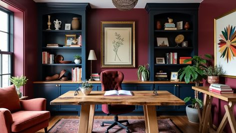 Inspiring Bohemian Home Office Ideas for Creative Workspaces Arts And Crafts Office, Basement Office Design, Maxamilist Home Office, Color Drenched Office, Thrifted Office, Purple Office Ideas, Pink Office Ideas, In Home Office Ideas, Bohemian Home Office