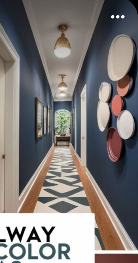 Dark Blue Hallway Ideas, Blue Wall Apartment, Navy Hallway Ideas, Dark Blue Hallway, Blue Hallway Ideas, Navy Hallway, Hallway House, Blue Hallway, Upstairs Hallway