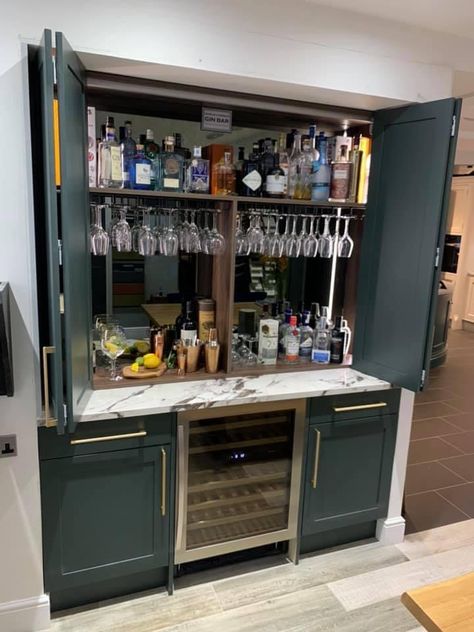 Drinks Cabinet With Wine Fridge, Home Cocktail Bar Design, Built In Drinks Cabinet Living Rooms, Gin Bar Ideas For Home, Built In Drinks Cabinet, Drinks Bar Ideas Home, Wet Bar Ideas In Living Room Built Ins, Home Bar Designs Small Corner, Hidden Bar Ideas For Home