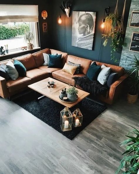 Modern Living Room Ideas Brown Couch, Couches Living Room Eclectic, Home Aesthetic Inspiration Living Room, Black Interior Walls Living Room, Ideas On How To Decorate My Living Room, Modern Spanish Home Office, Den Vs Living Room, Decadent Living Room, Industrial Earthy Living Room