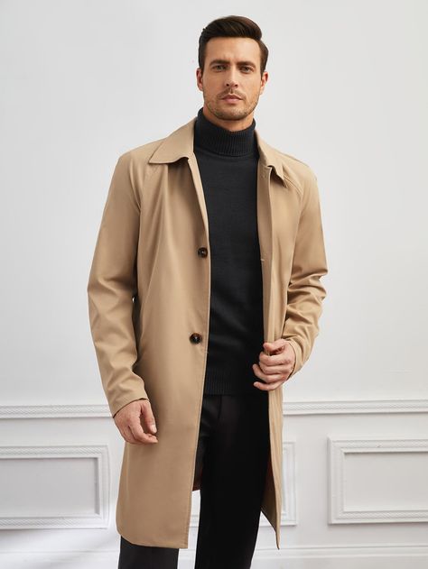 Khaki Casual Collar Long Sleeve Woven Fabric Plain Regular Embellished Non-Stretch  Men Outerwear Nyc Mens Fashion, Fashion Blazer Outfits, Men Fashion Blazer, Mens Fashion Fall Outfits, Trench Outfit, Long Coat Outfit, Trench Beige, Khaki Coat, Overcoat Men