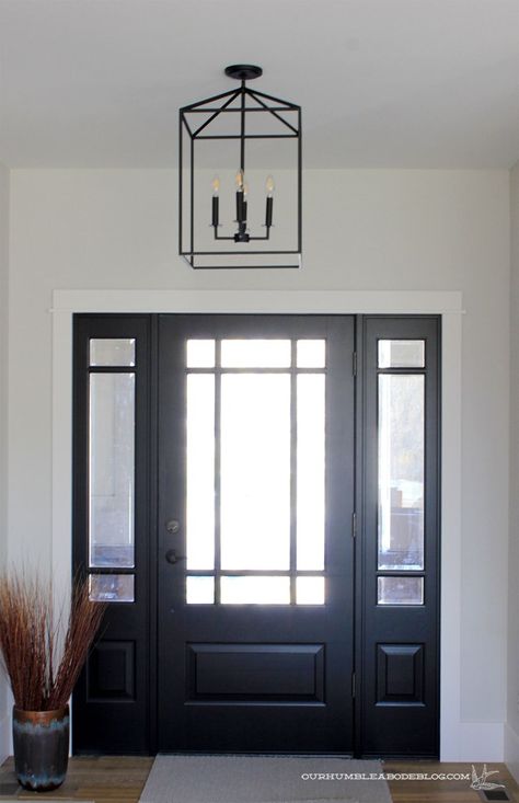 Warm Grey Paint, Main Floor Remodel, Black Exterior Doors, Warm Gray Paint, Black Front Door, Main Entrance Door Design, Main Entrance Door, Project House, Black Front Doors