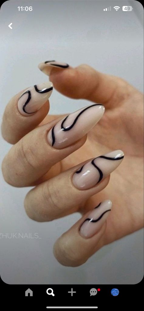 Short Swirl Nail Designs, French Tips With Squiggly Lines, Black Squiggly Line Nails, Black Line Work Nails, Swirly Lines Nails, Nail Design Sketch, Simple Squiggle Nails, Nail Designs Lines Patterns, Nail Art Squiggly Lines