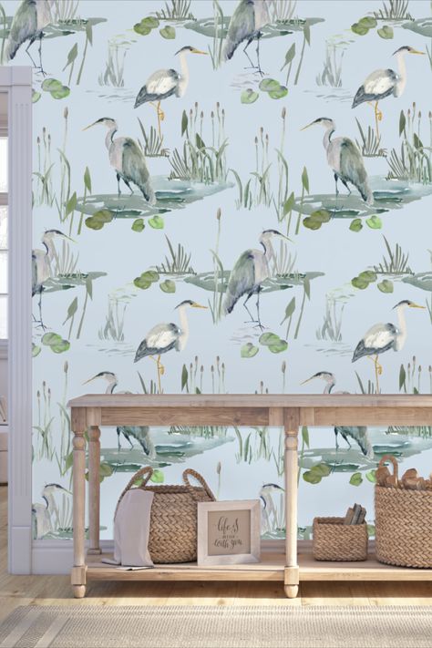 Blue Bird Wallpaper, Wallpaper With Birds, Heron Wallpaper, Wallpaper Powder Room, Wallpaper Light, Coastal Wallpaper, Coastal Birds, Grass Wallpaper, Herons